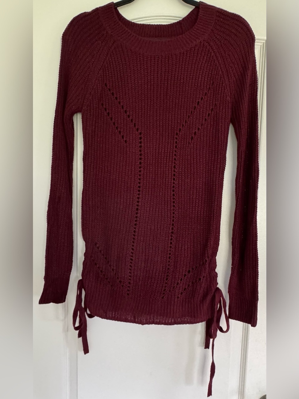SO Burgundy Chunky Knit Sweater Side Tie Lace Up Cozy Cottagecore Boho S